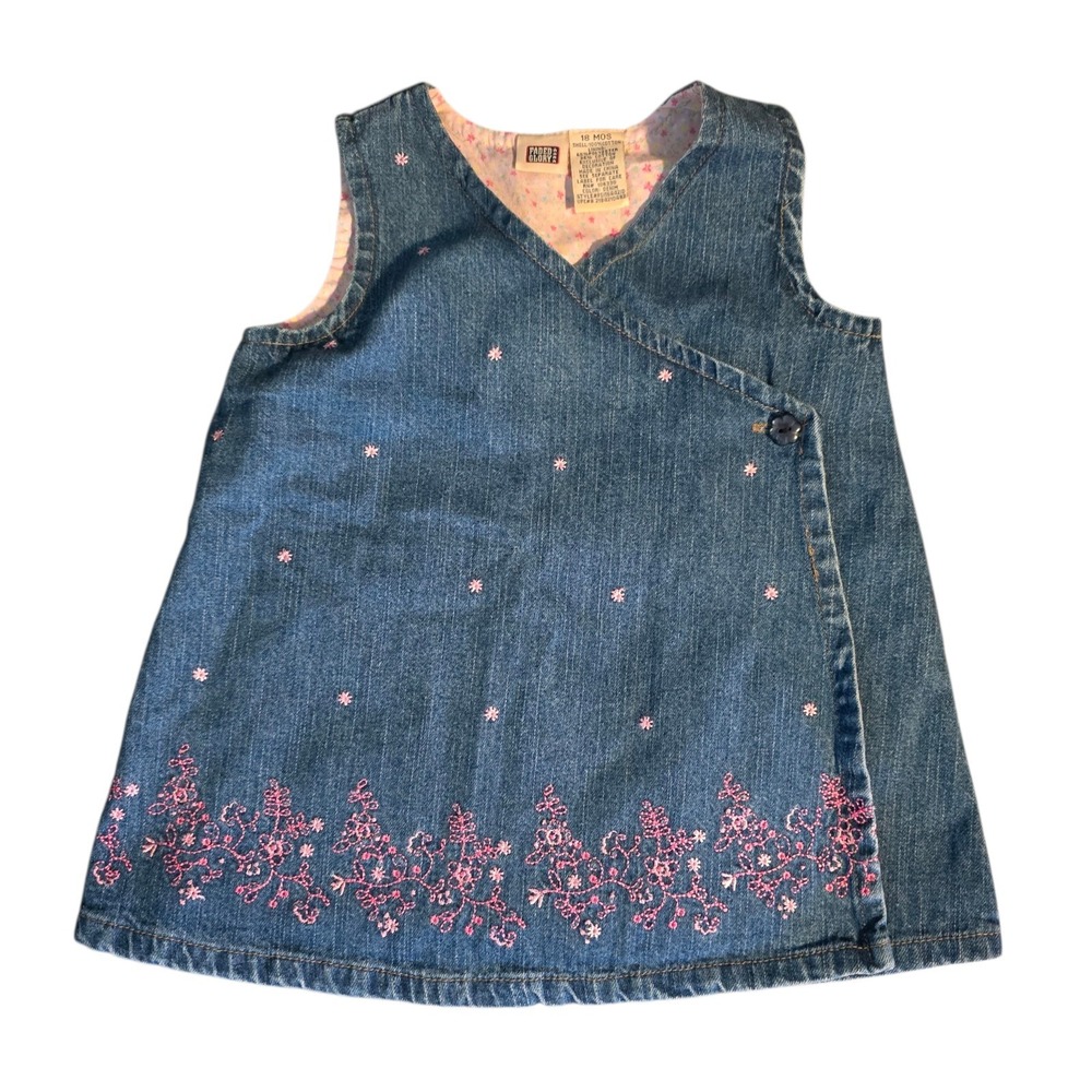 Vtg 90s Y2K Faded Glory Baby Girls Denim Dress Jumper 18mo Floral Embroidered